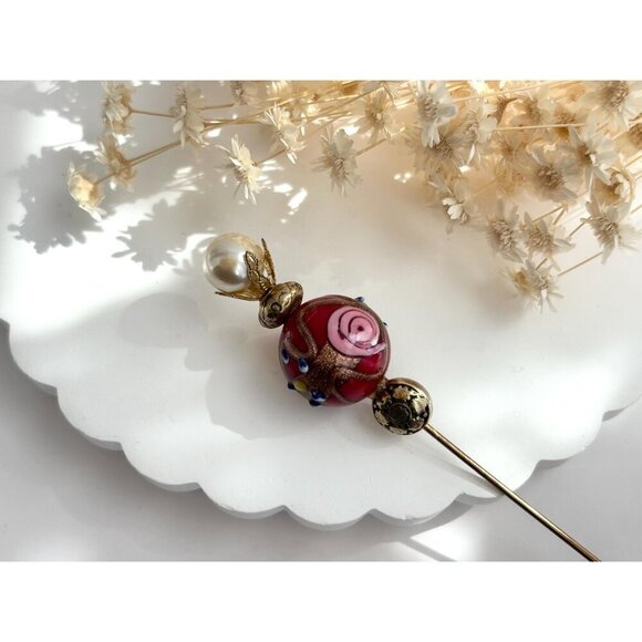Murano Italian Made Glass Beaded Faux Pearl Crown Vintage Square Long Stick Pin - Picture 5 of 7